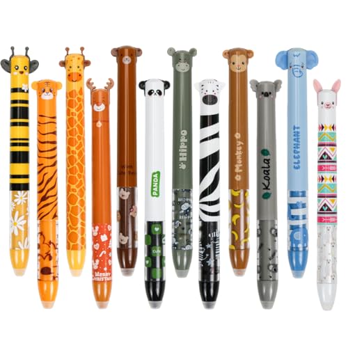 TaleMoon 12 Stück Radierbare Gelstiften,Cartoon Kugelschreiber Stifte Set,Zweifarbige Gedrückte Radierbare Stifte,0.7 mm,Mehrere Farben und Tiermotive,Geburtstag für Kinder von TaleMoon