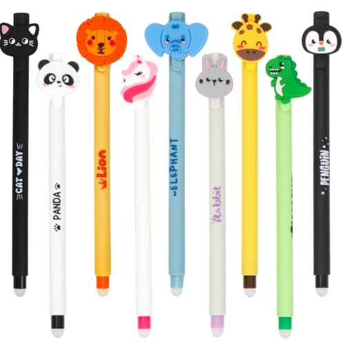 TaleMoon 9 Stück Radierbare Gelstiften,Cartoon Kugelschreiber Stifte Set,Radierbare Stifte 0.6mm Blau,Mehrere Farben und Tiermotive,Geburtstag für Kinder,Schul Bürobedarf von TaleMoon