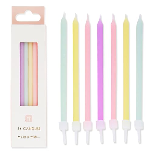 Packung mit 16 Regenbogen-Pastell Geburtstagskerzen mit Halterungen | Lang, Dünn, 10 cm | Kerzen Geburtstag Kuchendeko Kinder, Tochter, Mädchen-Party, 16, 18, 21, Babyparty, Ostern Packung mit 16 Regenbogen-Pastell Geburtstagskerzen mit Halterungen | Lang, Dünn, 10 cm | Kerzen Geburtstag Kuchendeko Kinder, Tochter, Mädchen-Party, 16, 18, 21, Babyparty, Ostern von Talking Tables