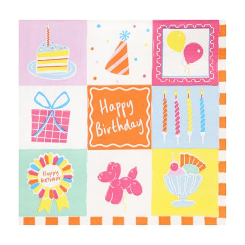 Talking Tables 20 x Happy Birthday Papierservietten, Abzeichen Hut Kuchen Kerze Dekorationen Kinder Party Servietten für Geburtstage Einweggeschirr recycelbar plastikfrei 3-lagig 33cm von Talking Tables