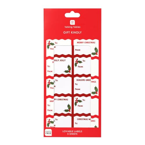 Talking Tables 50 x Botanical Holly Christmas 5 Blatt Festliche Etiketten plastikfrei recycelbare Weihnachtsaufkleber für Geschenke und Geschenktüten von Talking Tables
