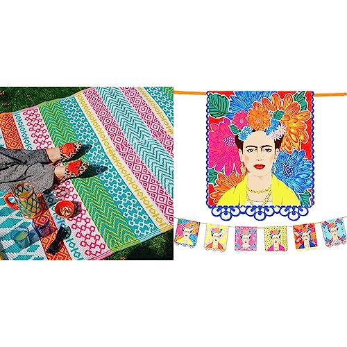 Talking Tables Bunter wasserdichter Außenteppich - Kunststoff, leichte und rutschfeste Matte mit geometrischem Muster & Frida Kahlo Print Girlande Ammer-3m von Talking Tables