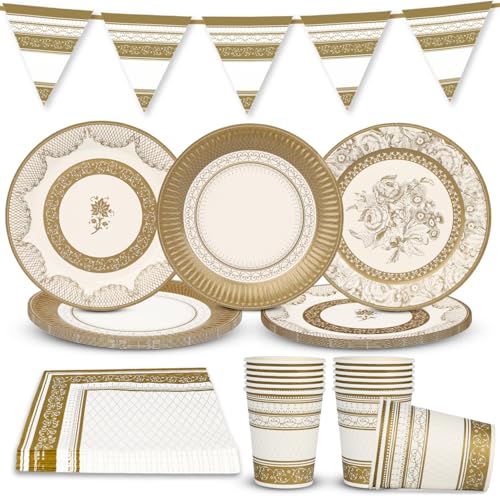 Talking Tables Party-Set in Gold und Weiß, Dekorationen für 16 Gäste, Partyzubehör, Wimpel, Pappteller, Einwegservietten, Becher, Tischdecke, Weihnachten, Nachmittagstee Neujahr, Einweggeschirr von Talking Tables
