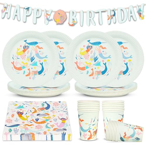 Talking Tables Meerjungfrau Party Dekorationen und Geschirr, 50-teiliges Bündel mit Happy Birthday wiederverwendbare Wimpelkette, 16 x Servietten, Becher, Pappteller, Einweg-Tischdecke Talking Tables Meerjungfrau Party Dekorationen und Geschirr, 50-teiliges Bündel mit Happy Birthday wiederverwendbare Wimpelkette, 16 x Servietten, Becher, Pappteller, Einweg-Tischdecke von Talking Tables