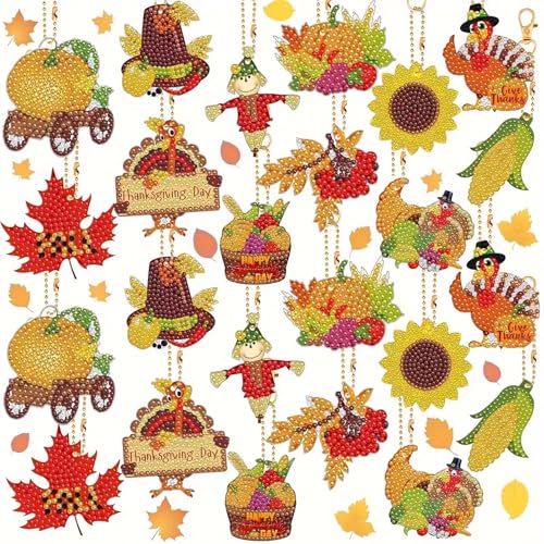 Diamond Painting Herbst Schlüsselanhänger,5D Doppelseitige Diamant Painting Anhänger Kit,DIY Halloween Crystal Strass Mosaik Diamant Malerei Schlüsselbund Stickerei Kunst Handwerk (24 Stück) von Talleros