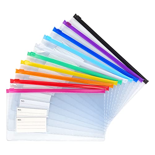 Tamaki 10 Stück Kunststoff-Umschläge mit Reißverschluss, kleine Kunststoff-Umschläge, A6-Größe für Federmäppchen, Geldbeutel, 10 Farben (22,9 x 12,9 cm) von Tamaki