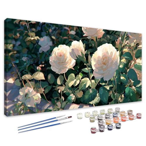 Malen Nach Zahlen Erwachsene Blume, Malen Nach Zahlen Weiß Paint by Numbers, DIY Set Erwachsene Leinwand Ölgemälde mit Pinseln und Acrylfarben für Zimmer Deko, Geschenke für Frauen 50x100cm 4L-568 von Tamalsj