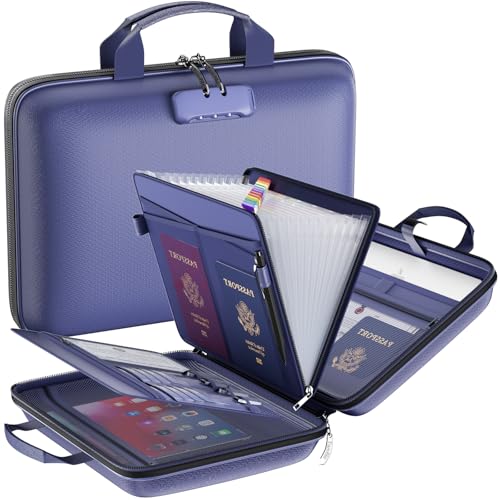 Feuerfester Aktenordner mit Schloss, Hartschalenetui, feuerfeste Dokumentenbox mit 13 Taschen, Akkordeon-Aktenordner, wichtiger Dokumenten-Organizer für Briefe A4, Laptop, Reisepässe (blau) von Tamfile