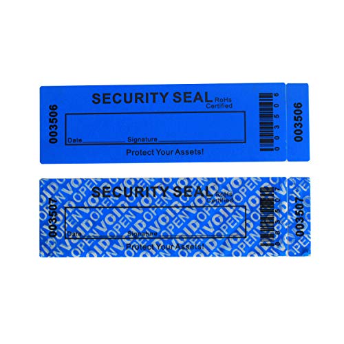 TamperSeals Group - 50 Stück 35 x 120 mm Blaue No Transfer Manipulationssichere Sicherheits Garantie Void Etiketten/Aufkleber/Sicherheitssiegel mit 1 Barcode & 3 Seriennummern von TamperSTOP