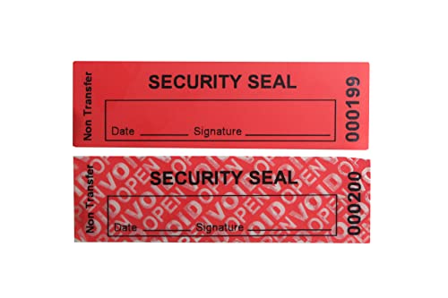 TamperSeals Group - 100 Stück No Transfer Manipulationssichere Sicherheits-Garantie Void Etiketten/Aufkleber/Sicherheitssiegel (rot, 2,5 x 8,5 cm, Seriennummern) von TamperSTOP