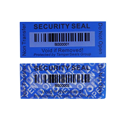 TamperSeals Group - 100 Stück 25 x 60 mm Blaue No Transfer Manipulationssichere Sicherheits Garantie Void Etiketten/Aufkleber/Sicherheitssiegel mit Einem Barcode von TamperSeals Group