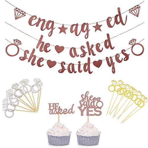 TANGGER 30PCS He Asked She Said Yes Diamant-Ring Cupcake Topper,He Asked She Said Yes Engaged Deko Banner für Hochzeit Engagement Verlobung Party (Rose Gold) von tangger
