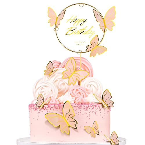 TankerStreet Schmetterlinge Kuchen Deko, 3D Schmetterling Kuchen Topper mit "Happy Birthday" für Cupcake Cake Dessert Geburtstagsfeier, Tortendeko Geburtstag Mädchen von TankerStreet