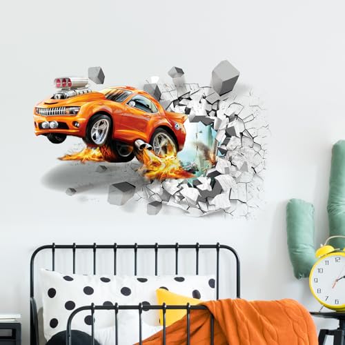 Tanlaby 3D Auto Wandtattoo Automobil Wandsticker Zerbrochene Wand Sportwagen Wandaufkleber für Jungen Babyzimmer Wohnzimmer Schlafzimmer Kinderzimmer Hause Wanddekoration von Tanlaby