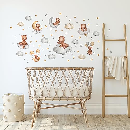 Tanlaby Bär auf Wolke Wandtattoo Cartoon Teddybär Wandsticker Mond Stern Luftballons Wandaufkleber für Kinder Babyzimmer Wohnzimmer Schlafzimmer Kinderzimmer Hause Wanddekoration von Tanlaby