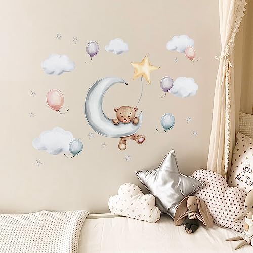 Tanlaby Bär auf der Mond Wandtattoo Stern Wolken Luftballon Wandsticker Wandaufkleber für Kinder Babyzimmer Wohnzimmer Schlafzimmer Kinderzimmer Hause Wanddekoration von Tanlaby