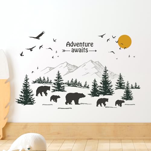 Tanlaby Berge Bär Wandtattoo Kiefern Wandsticker Woodland Tier Wandaufkleber für Kinder Babyzimmer Wohnzimmer Schlafzimmer Kinderzimmer Hause Wanddekoration von Tanlaby