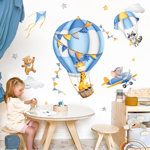 Tanlaby Blau Heißluftballon Wandaufkleber Cartoon Tiere Wandsticker Bär Elefant Giraffe Waschbär Wanddeko für Jungen und Mädchen Babyzimmer Wandbild Kinderzimmer Schlafzimmer Wohnzimmer von Tanlaby