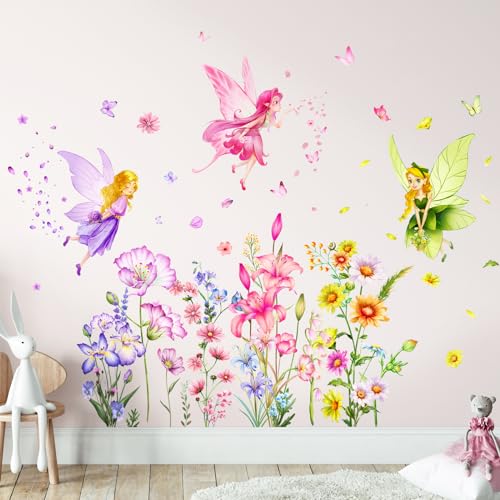 Tanlaby Blume Fee Wandsticker Blumen Schmetterling Elfen Wandtattoo Buntes Pflanze Blume Selbstklebend Wandaufkleber Abnehmbar Wandkunst Aufkleber für Mädchen Kinder Kinderzimmer Schlafzimmer von Tanlaby