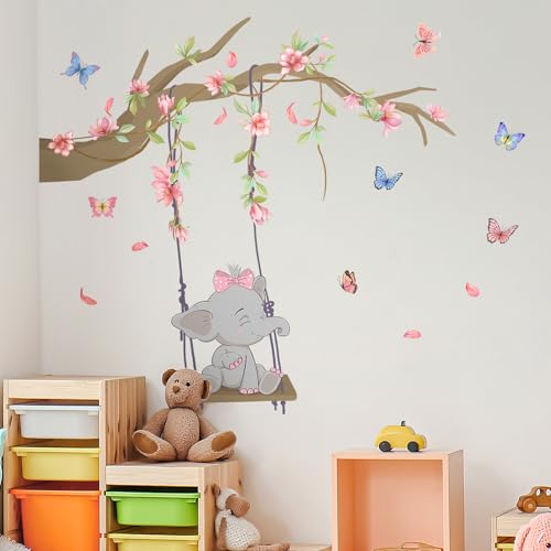 Tanlaby Cartoon Elefantenschaukel Wandtattoo Zweig Rosa Blume Wandsticker Elefant Tier Wandaufkleber Selbstklebende Abnehmbare Wandaufkleber für Kinder Schlafzimmer Spielzimmer Wanddekoration von Tanlaby