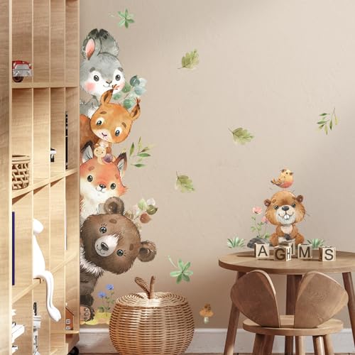 Tanlaby Dschungel Tier Wandaufkleber, Waldtiere Wandabziehbilder, Kaninchen Eichhörnchen Fuchs Bär Selbstklebende Abnehmbare Wandkunst Aufkleber für Kinderzimmer Kinder Spielzimmer Wanddekoration von Tanlaby