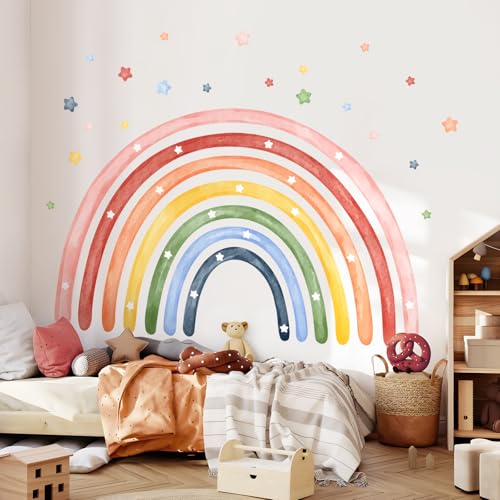 Tanlaby Große Regenbogen Wandaufkleber Aquarell Sterne Wandsticker Abziehen und Aufkleben Selbstklebend Abnehmbare Wanddeko für Babyzimmer Wohnzimmer Schlafzimmer Kinderzimmer Klassenzimmer von Tanlaby