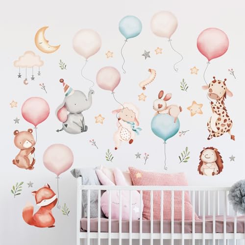 Tanlaby Karikatur Tier Wandtattoo Rosa blauer Ballon Wolken Stern Wandsticker Dschungel Affe Giraffen Bär Wandaufkleber für Kinder Babyzimmer Wohnzimmer Schlafzimmer Kinderzimmer Hause Wanddekoration von Tanlaby