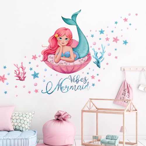 Tanlaby Meerjungfrau Wandtattoo Mädchen und Korallen Wasser Pflanzen Wand Kunst Wandsticker Abnehmbar Selbstklebend Wandaufkleber für Kinderzimmer Kind Baby Wohnzimmer Kinderzimmer Dekoration von Tanlaby