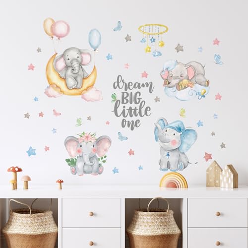 Tanlaby Niedliche Elefanten Wandtattoo Dream Big Little One Wandsticker Mondstern Rosa Blau Luftballon Wandaufkleber für Kinder Babyzimmer Wohnzimmer Schlafzimmer Kinderzimmer Hause Wanddekoration von Tanlaby