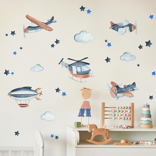 Tanlaby Raumschiffe Flugzeuge Wandsticker Blaue Wolken Sterne Wandtattoo Selbstklebend Wandaufkleber Abnehmbare Wandkunst Aufkleber für Kinderzimmer Kinderzimmer Spielzimmer Wanddekoration von Tanlaby