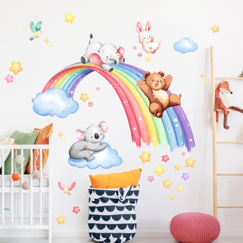 Tanlaby Regenbogen Tiere Wandaufkleber Cartoon Tiere Wandsticker Bär Elefant Koala Kaninchen Wanddeko für Mädchen Babyzimmer Wandbild Kinderzimmer Schlafzimmer Wohnzimmer von Tanlaby