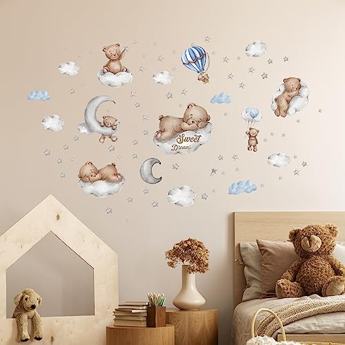 Tanlaby Teddybär auf der Wolke Wandtattoo Mond Stern Heißer Luftballon Wandsticker Sweet Dream Wandaufkleber für Kinder Babyzimmer Wohnzimmer Schlafzimmer Kinderzimmer Hause Wanddekoration von Tanlaby