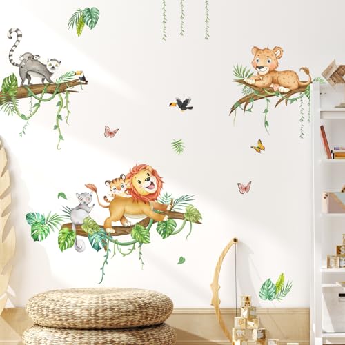 Tanlaby Tier auf Baum Wandsticker Dschungeltier Wandtattoo Löwe Leopard Lemur Wandaufkleber Selbstklebend Abnehmbare Wand Kunst Aufkleber für Kinderzimmer Kinderzimmer Spielzimmer Wanddekoration von Tanlaby