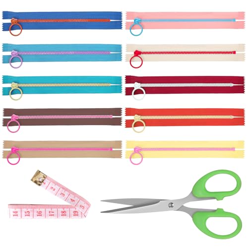 Tanstic 10Pcs 15cm/5.9inch Harz Reißverschlüsse mit Ring, nicht trennende Nylon Reißverschlüsse für Nähen, Handwerk DIY (10 Farben) - Set mit Schere und Körpermaßband von Tanstic