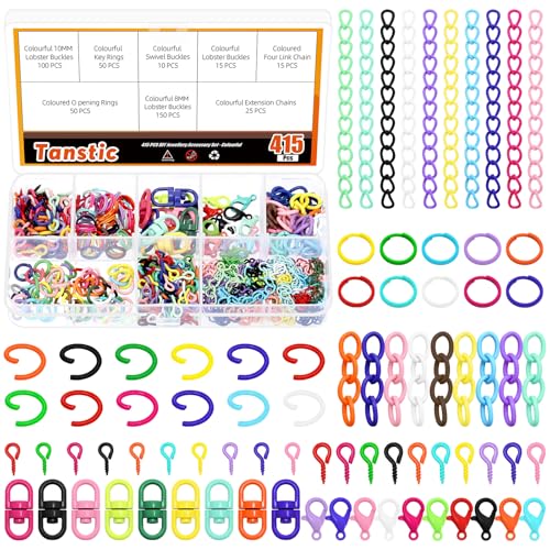 Tanstic 10Pcs Double Ended Swivel Key Ring Connector, 15pcs Lobster Claw Clasps, 250pcs Eye Pins, 40pcs Extender Chain, 50pcs Open Jump Rings, 50pcs Split Jump Ring for DIY Craft von Tanstic