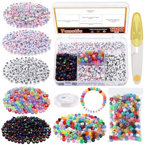Tanstic 1202Pcs Acrylic Letter Beads Kit, Round Alphabet Beads A-Z Letter Beads with Number Beads, Pony Beads, Crystal String, Scissor for Jewelry Making von Tanstic