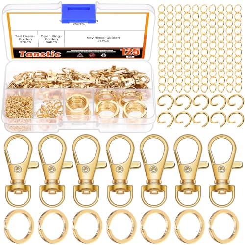 Tanstic 125 Stück Schlüsselanhänger Kit, Swivel Lanyard Karabinerhaken Schlüsselanhänger mit Ringen Jump Rings für Schlüsselanhänger, Schmuck machen und Handwerk (Gold) von Tanstic
