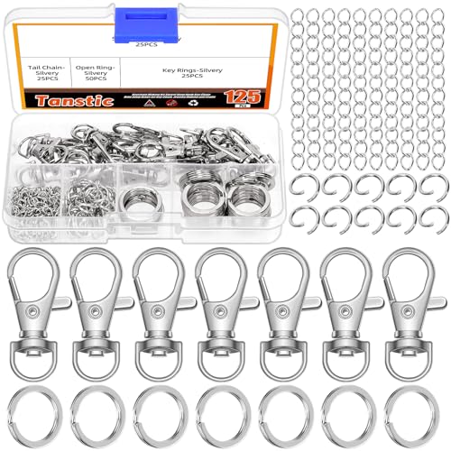 Tanstic 125 Stück Schlüsselanhänger Kit, Swivel Lanyard Karabinerhaken Schlüsselkette mit Ringen Jump Rings für Schlüsselanhänger, Schmuck machen und Handwerk (Silber) von Tanstic
