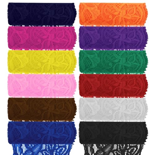 Tanstic 12Pcs 3.15 Zoll x 1 Yard Floral Pattern Fabric Lace Ribbon Lace Trim Lace Fabric Stretch Lace Ribbon für Handwerk, Hochzeit Dekorationen, Geschenkverpackung (12 Farben) von Tanstic