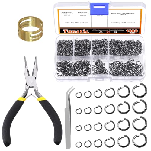 Tanstic 1403Pcs Black Open Jump Rings Kit, 4mm, 5mm, 6mm, 7mm, 8mm, 10mm Jewelry Jump Rings with Jump Ring Opener, Jewelry Pliers and Tweezer for Jewelry Making von Tanstic