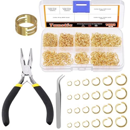 Tanstic 1403Pcs Gold Open Jump Rings Kit, 4mm, 5mm, 6mm, 7mm, 8mm, 10mm Jewelry Jump Rings with Jump Ring Opener, Jewelry Pliers and Tweezer for Jewelry Making von Tanstic