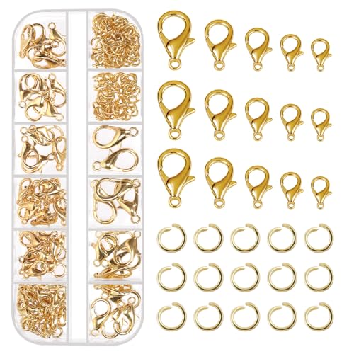 Tanstic 170Pcs Gold Lobster Claw Clasps with Open Jump Rings Kit, 10mm, 12mm, 14mm, 16mm, 18mm Alloy Small Jewelry Clasps Lobster Clasps and 6mm Jump Rings for DIY Jewelry Making von Tanstic