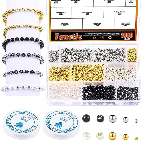 Tanstic 1802Pcs Assorted Round Beads Set, 4mm 6mm 8mm Silver Gold Round Spacer Beads, 7mm Acrylic Round Letter Beads, 8mm Pearl Beads with Crystal Strings for Bracelet Necklace Jewelry Making von Tanstic
