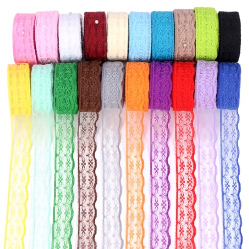 Tanstic 20 Rolls 20 Colors Fabric Lace Ribbon, Sewing Lace Trim Floral Pattern Lace Ribbons for Gift Wrapping Wedding Decoration Sewing- 7/8 Inch Wide, 10 Yards Each Roll von Tanstic