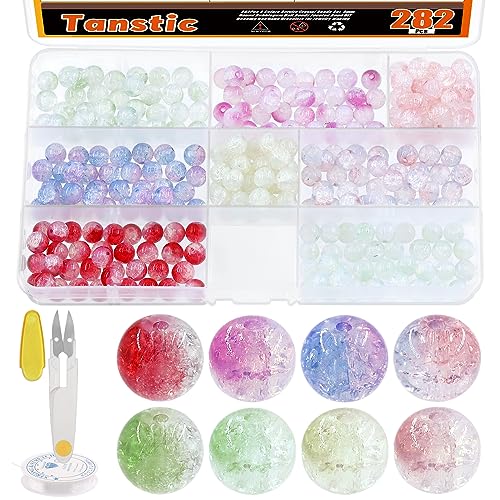 Tanstic 282Pcs 8 Colors 8mm Crackle Glass Beads Kit, Round Acrylic Crystal Beads Crackle Lampwork Glass Beads Crackle Beads Spacer Loose Beads with Crystal String, Scissor for Jewelry Making von Tanstic