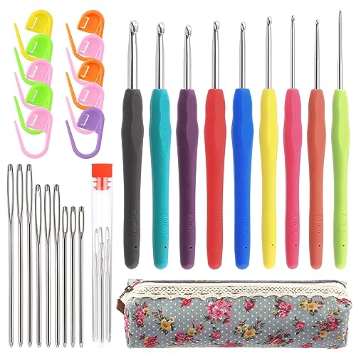 Tanstic 29Pcs Crochet Hooks Set with Ergonomic Handle Crochet Hooks(2-6mm), Large-Eye Blunt Needles, Stitch Markers and Storage Case for Arthritic Hands Beginners von Tanstic