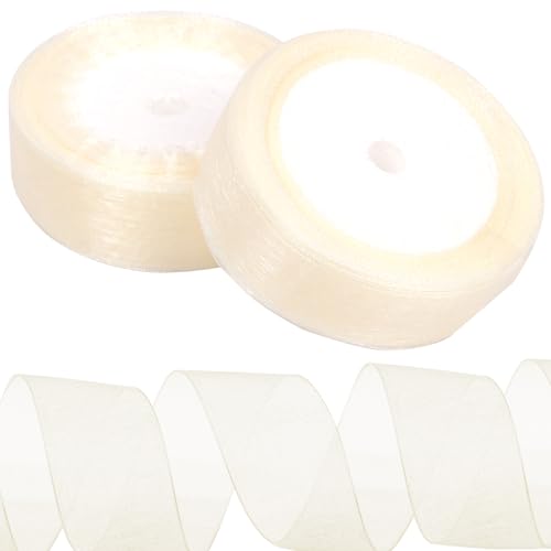 Tanstic 2Pcs 25 Yards x 1 Zoll Beige Organza Band Chiffon Band Transparent Bänder Transparent Chiffon Band Transparent Organza Band für Geschenkverpackung, Bouquet von Tanstic