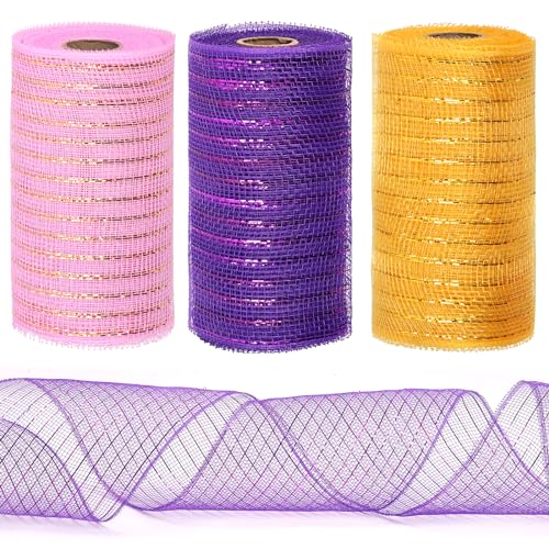 Tanstic 3 Rolls Mesh Ribbon, Christmas Deco Mesh Metallic Foil Pink Gold Purple Mesh Ribbon Rolls for Wreaths, Gift Wrapping, Party Decorations (6 Inch x 10 Yards Per Roll) von Tanstic