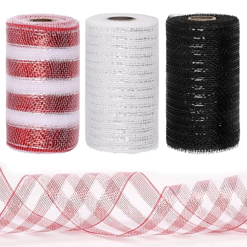 Tanstic 3 Rolls Mesh Ribbon, Christmas Deco Mesh Metallic Foil White Red Black Mesh Ribbon Rolls for Wreaths, Gift Wrapping, Party Decorations (6 Inch x 10 Yards Per Roll) von Tanstic