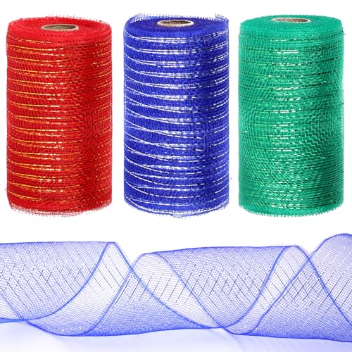 Tanstic 3 Rolls Mesh Ribbon, Christmas Deco Mesh Metallic Red Green Navy Blue Mesh Ribbon Rolls for Wreaths, Gift Wrapping, Party Decorations (6 Inch x 10 Yards Per Roll) von Tanstic